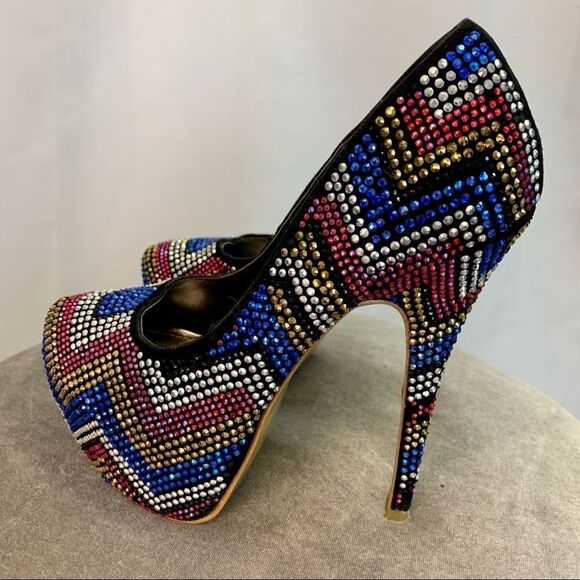 𝅺MASCOTTE red blue gold silver rhinestone embellished high heel platform pumps 7 - Picture 7 of 10